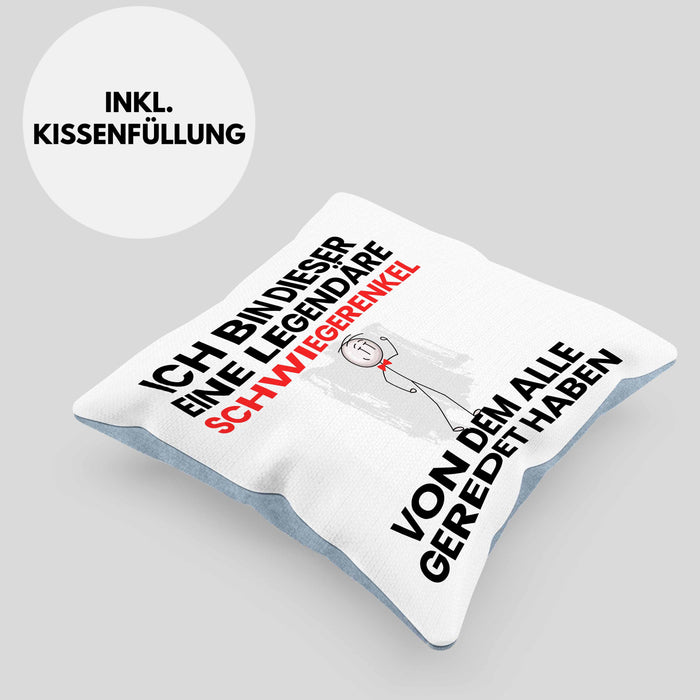 Schwiegerenkel Geschenk Kissen mit Füllung 40x40 Lustige Geschenkidee Geburtstag für Schwiegerenkel Ich Bin Dieser Legendäre Schwiegerenkel Von Dem Alle Geredet Haben (Grau) Blau Trendation