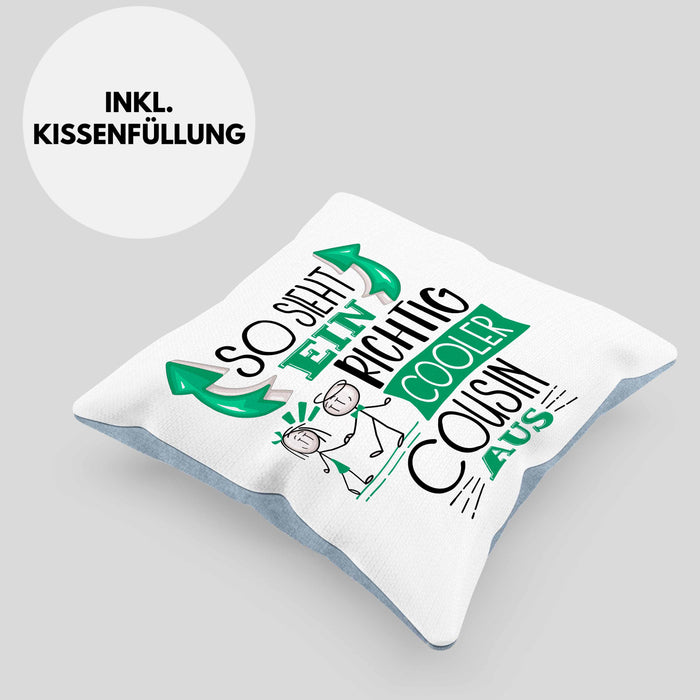 Cousin Kissen mit Füllung 40x40 Geschenk So Sieht Ein RIchtig Cooler Cousin Aus Geschenkidee Lustiger Spruch Geburtstag (Grau) Blau Trendation