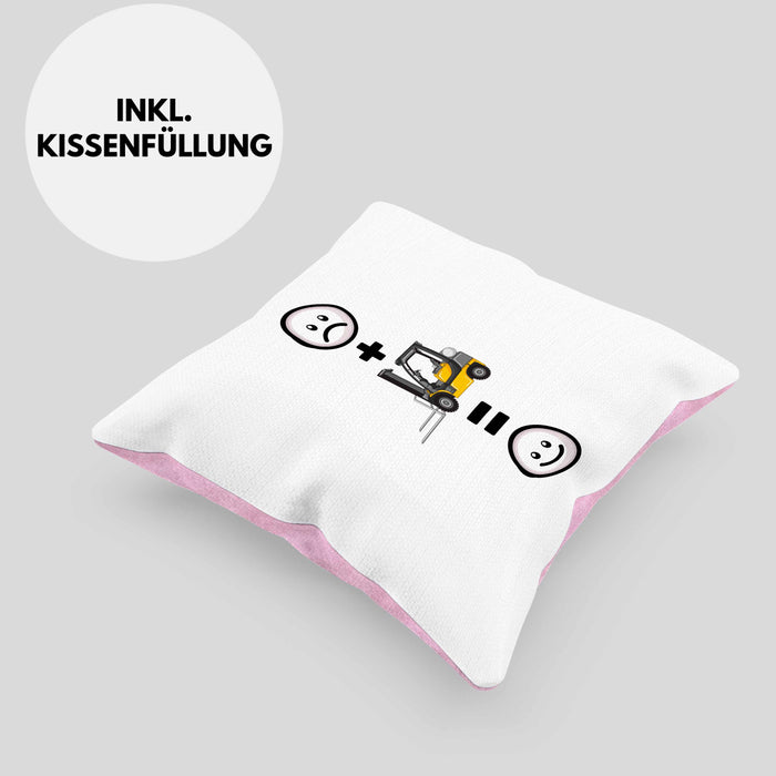 Gabelstapler Kissen mit Füllung 40x40 Geschenk für Lagerist Lagerarbeiter Lustige Geschenkidee :( + Gabelstapler = :) (Grau) Rosa Trendation