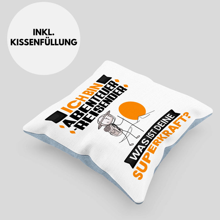 Abenteurreisender Kissen mit Füllung 40x40 Geschenk für Abenteurreisender Geburtstag Lustiger Spruch Was Ist Deine Superkraft (Grau) Blau Trendation