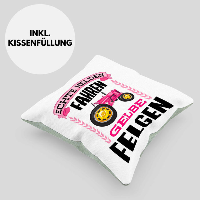 Landwirtin Spruch Frau Geschenk Kissen mit Füllung 40x40 Landwirtschaft Geschenke für Männer Traktor Spruch Echte Felgen (Grau) Grün Trendation