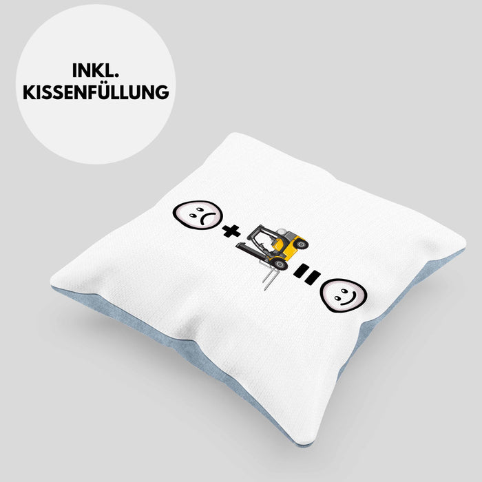 Gabelstapler Kissen mit Füllung 40x40 Geschenk für Lagerist Lagerarbeiter Lustige Geschenkidee :( + Gabelstapler = :) (Grau) Blau Trendation