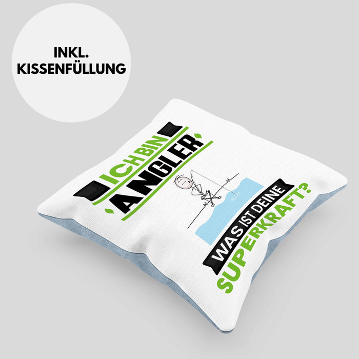 Angler Kissen mit Füllung 40x40 Geschenk für Angler Geburtstag Lustiger Spruch Was Ist Deine Superkraft (Grau) Blau Trendation