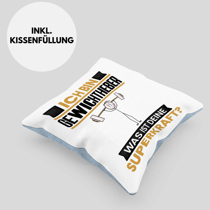 Gewichtheber Kissen mit Füllung 40x40 Geschenk für Gewichtheber Geburtstag Lustiger Spruch Was Ist Deine Superkraft (Grau) Blau Trendation