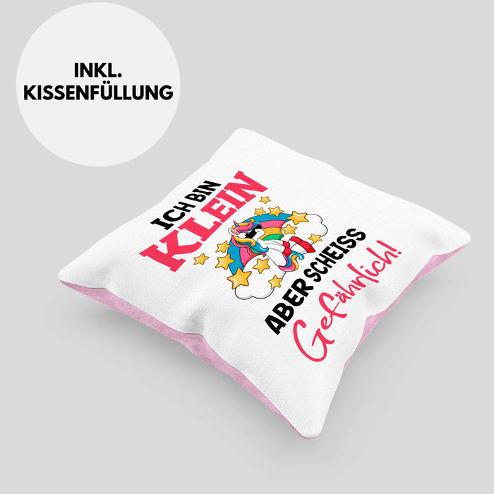 Klein Aber Sch Gefährlich Lustige Einhorn Kissen mit Füllung 40x40 mit Spruch Geschenkidee Einhornfans Sprüche Frauen (Grau) Rosa Trendation
