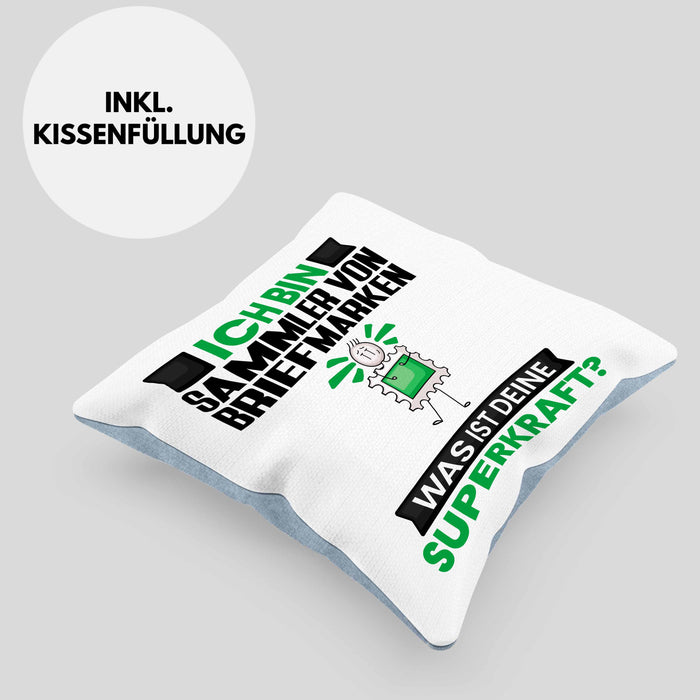 Sammler von Briefmarken Kissen mit Füllung 40x40 Geschenk für Sammler von Briefmarken Geburtstag Lustiger Spruch Was Ist Deine Superkraft (Grau) Blau Trendation