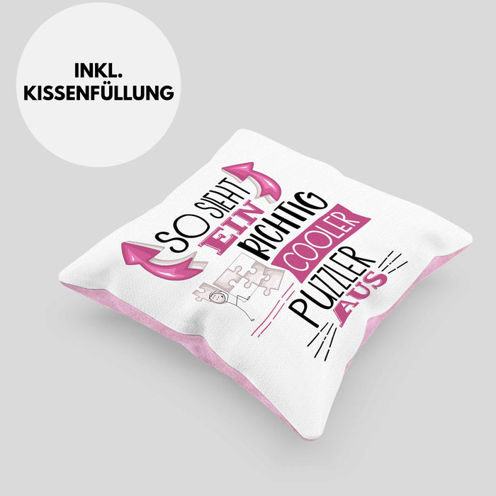 So Sieht Ein Richtig Cooler Puzzler Aus Geschenk Kissen mit Füllung 40x40 Lustiger Spruch Geschenkidee (Grau) Rosa Trendation