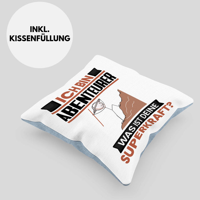 Abenteurer Kissen mit Füllung 40x40 Geschenk für Abenteurer Geburtstag Lustiger Spruch Was Ist Deine Superkraft (Grau) Blau Trendation
