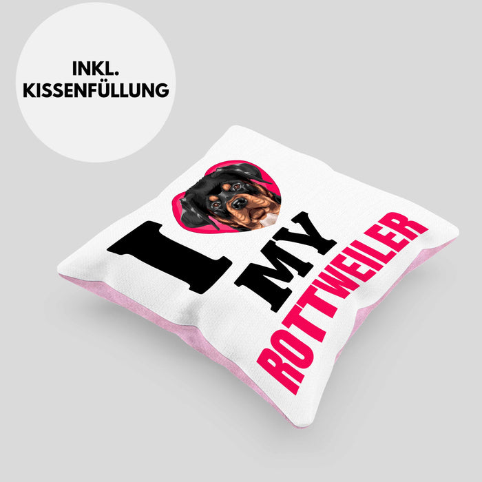 Rottweiler Besitzerin Kissen mit Füllung 40x40 Geschenk Lustiger Spruch Geschenkidee I Love My Rottweiler (Grau) Rosa Trendation