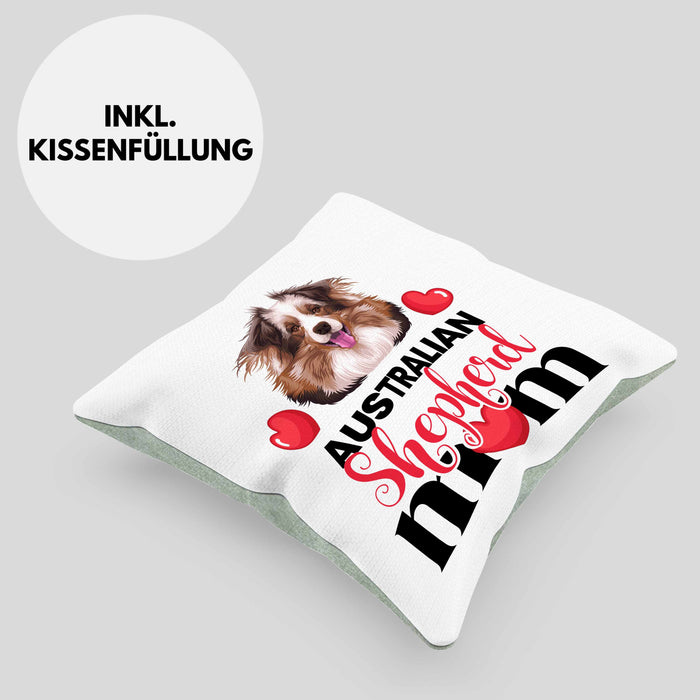 Australian Shepherd Besitzer Mom Mama Kissen mit Füllung 40x40 Geschenk Lustiger Spruch Geschenkidee Australian Shepherd Besitzerin (Grau) Grün Trendation