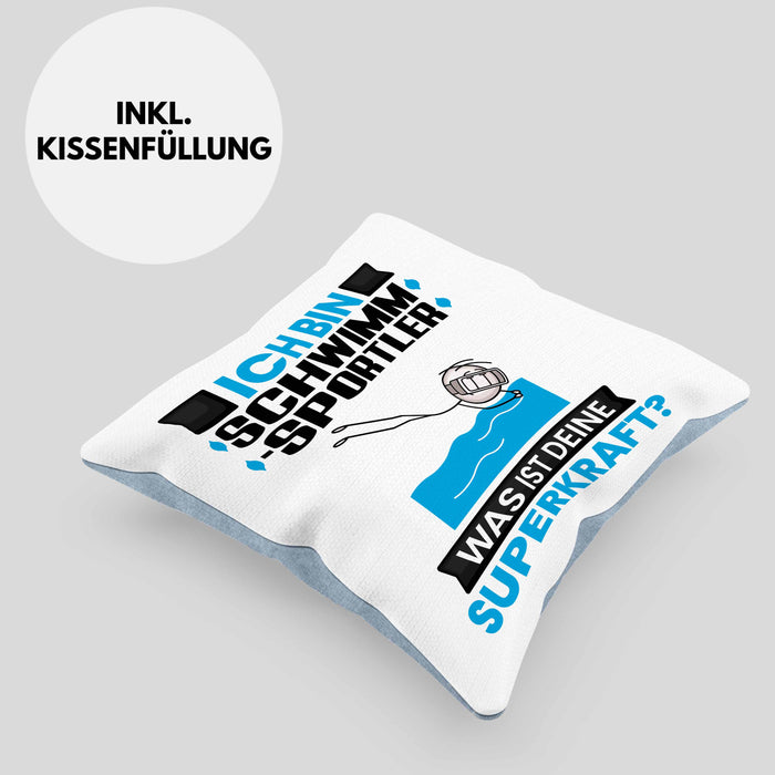 Schwimmsportler Kissen mit Füllung 40x40 Geschenk für Schwimmsportler Geburtstag Lustiger Spruch Was Ist Deine Superkraft (Grau) Blau Trendation