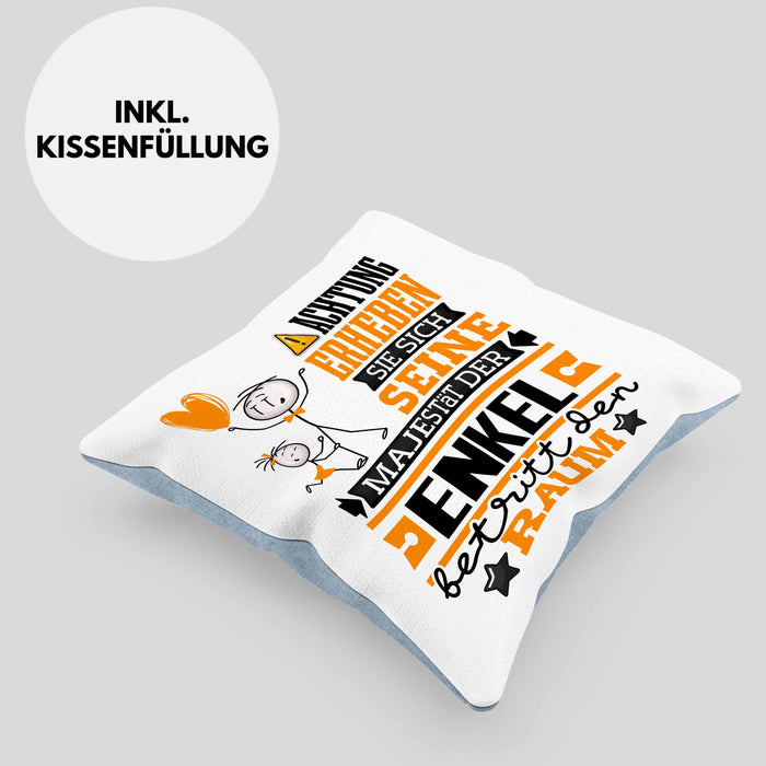 Enkel Geschenk Kissen mit Füllung 40x40 Lustiger Spruch Erheben Sie Sich Der Enkel Betritt den Raum (Grau) Blau Trendation