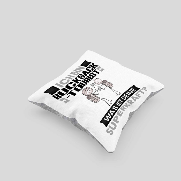 Rucksacktourist Kissen mit Füllung 40x40 Geschenk für Rucksacktourist Geburtstag Lustiger Spruch Was Ist Deine Superkraft (Grau) Grau Trendation