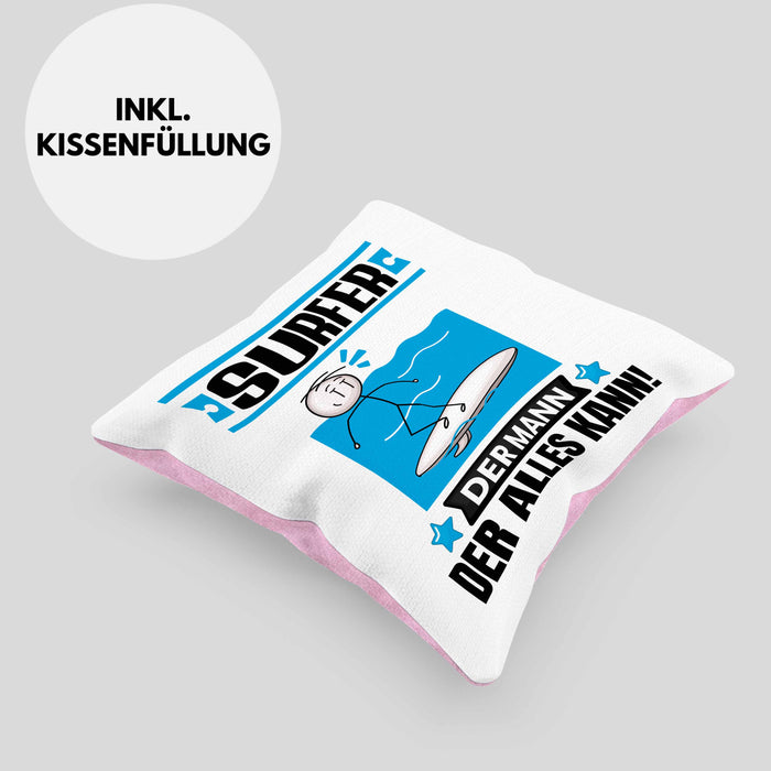 Surfer Kissen mit Füllung 40x40 Geschenk für Surfer Der Mann Der Alles Kann Geschenkidee zum Geburtstag (Grau) Rosa Trendation