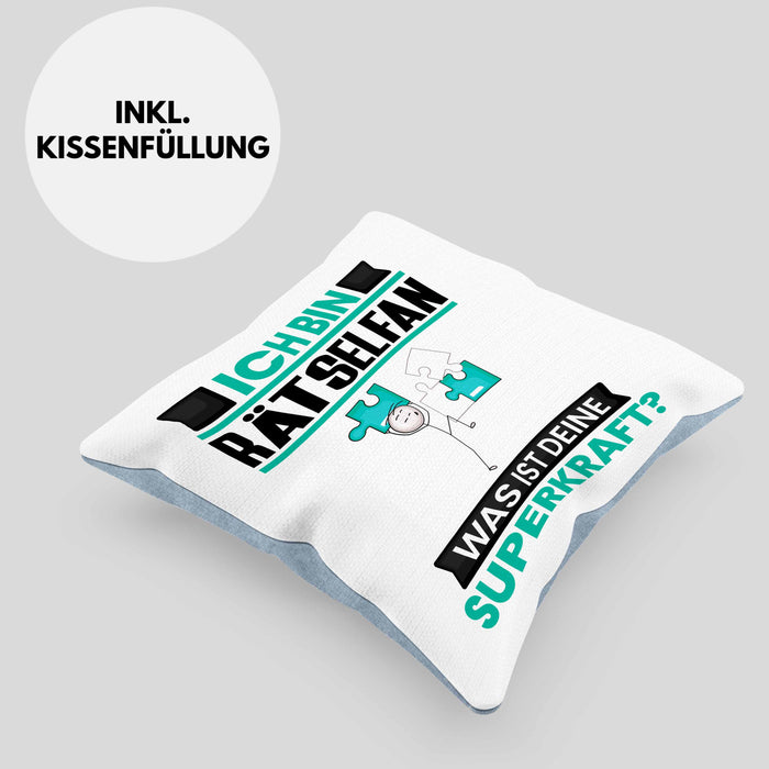 Rätselfan Kissen mit Füllung 40x40 Geschenk für Rätselfan Geburtstag Lustiger Spruch Was Ist Deine Superkraft (Grau) Blau Trendation