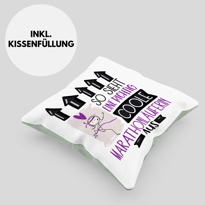 Marathonläuferin Geschenk Kissen mit Füllung 40x40 Lustig Geschenkidee für Marathonläuferin Geburtstag So Sieht Eine Richtig Coole Marathonläuferin Aus Frauen Spruch (Grau) Grün Trendation