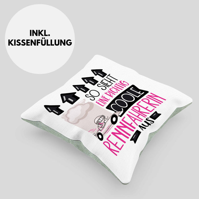Rennfahrerin Geschenk Kissen mit Füllung 40x40 Lustig Geschenkidee für Rennfahrerin Geburtstag So Sieht Eine Richtig Coole Rennfahrerin Aus Frauen Spruch (Grau) Grün Trendation
