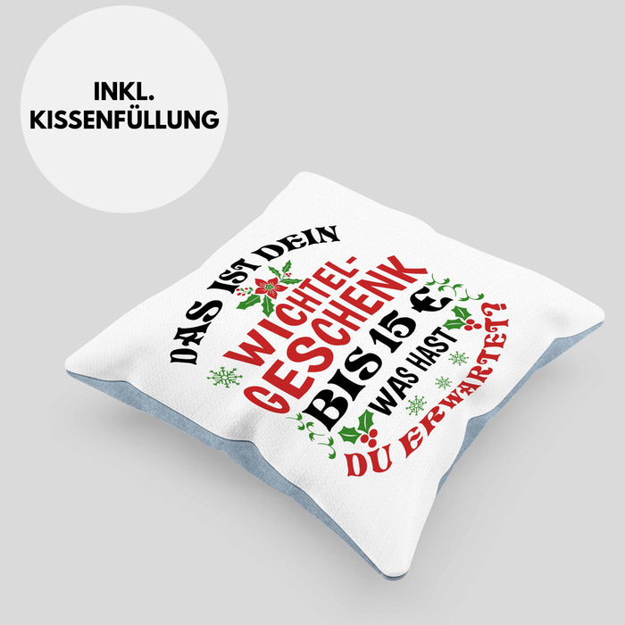 Wichtelgeschenk für 15 Euro Kissen mit Füllung 40x40 Wichteln für Frauen Kollegen Wichtel-Kissen mit Füllung 40x40 Das Ist Dein Wichtelgeschenk bis 15€ Was Hast du Erwartet Schrottwichteln (Grau) Blau Trendation