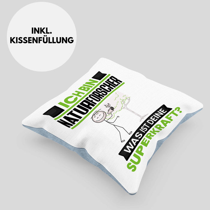 Naturforscher Kissen mit Füllung 40x40 Geschenk für Naturforscher Geburtstag Lustiger Spruch Was Ist Deine Superkraft (Grau) Blau Trendation