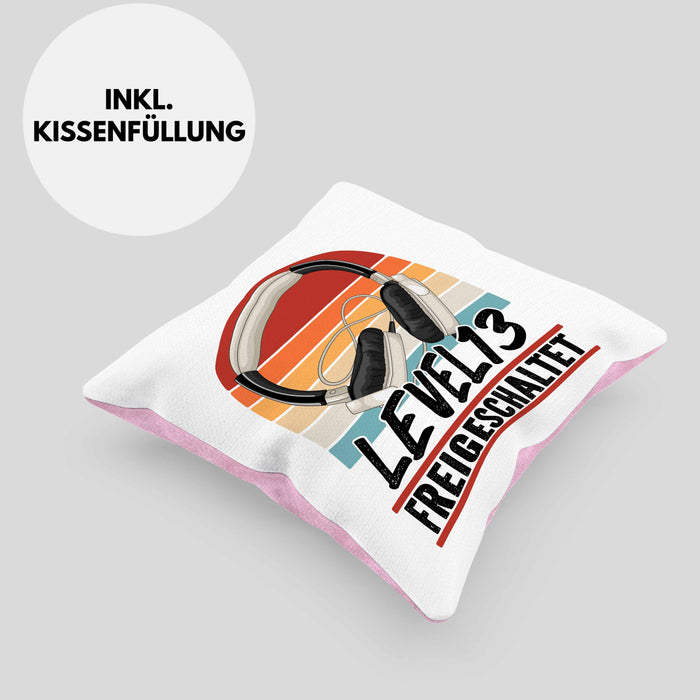 13. Geburtstag Kissen mit Füllung 40x40 Jungs Gaming Official Teenager 13er Geburtstag Geschenkidee Level 13 Freigeschaltet (Grau) Rosa Trendation