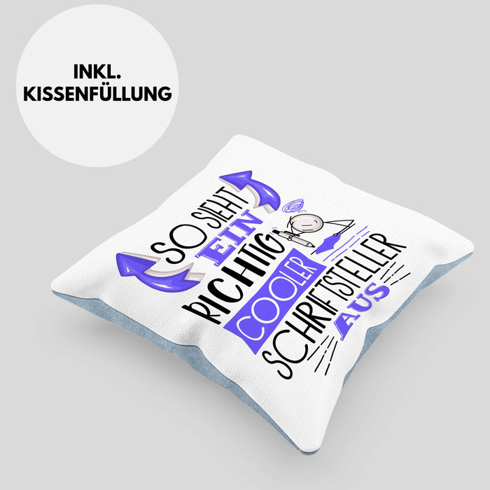 Schriftsteller Autor Kissen mit Füllung 40x40 Geschenk So Sieht Ein RIchtig Cooler Schriftsteller Autor Aus Geschenkidee Lustiger Spruch Geburtstag (Grau) Blau Trendation