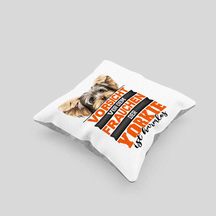Yorkie-Besitzer Geschenk Kissen mit Füllung 40x40 Hund Yorkie Liebhaber Geschenkidee Vorsicht Vor Dem Frauchen Der Yorkie Ist Harmlos (Grau) Grau Trendation