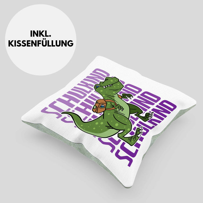 Einschulung Kissen mit Füllung 40x40 Geschenk Jungs Erster Schultag: Lustige T-Rex Dino Kissen mit Füllung 40x40 für Schulkind (Grau) Grün Trendation
