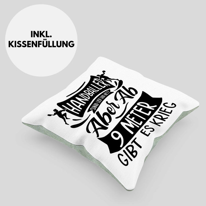 Handball Geschenk Kissen mit Füllung 40x40 Geschenkidee Handball-Spieler Handballspielerin Mädchen Jungs Ab 9 Meter Gibt Es Krieg (Grau) Grün Trendation