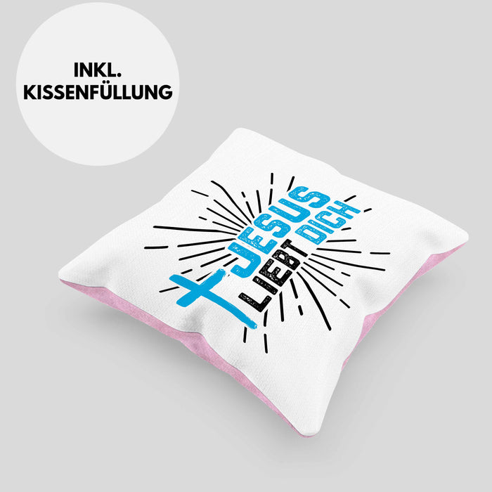 Jesus Liebt Dich Kissen mit Füllung 40x40 Geschenk Ostern Christentum Kirche Gläubiger Geschenkidee Häferl (Grau) Rosa Trendation