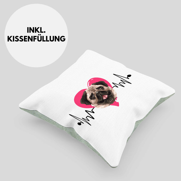 Mops Besitzer Kissen mit Füllung 40x40 Geschenk Lustiger Spruch Geschenkidee Herzschlag Mops (Grau) Grün Trendation