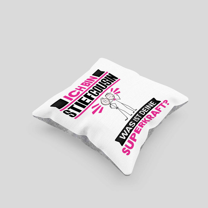 Stiefcousin Kissen mit Füllung 40x40 Geschenk für Stiefcousin Geburtstag Lustiger Spruch Was Ist Deine Superkraft (Grau) Grau Trendation