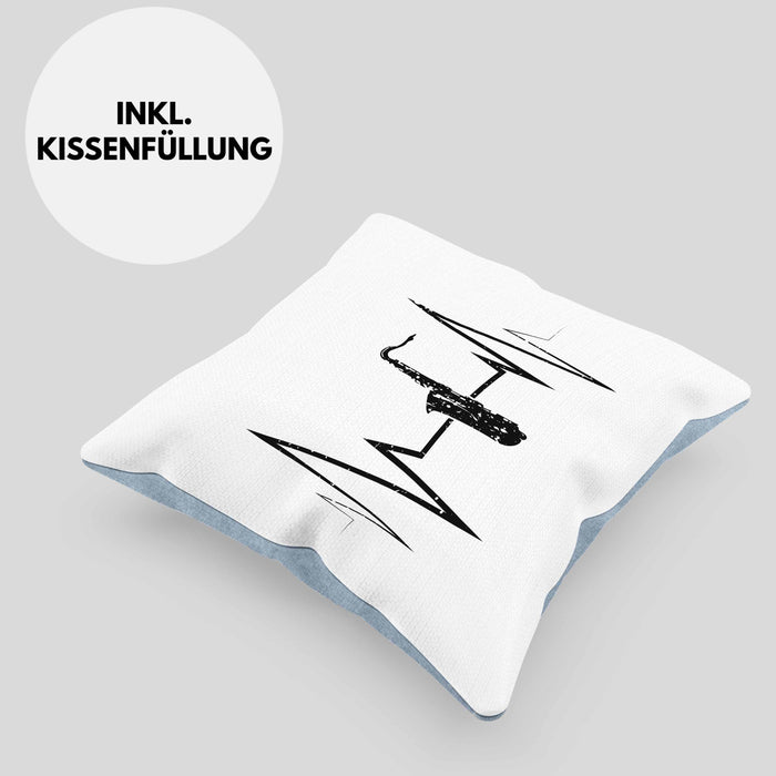 Saxophon Kissen mit Füllung 40x40 Geschenk Herzschlag Saxophonist Kaffee Geschenkidee Lustig (Grau) Blau Trendation