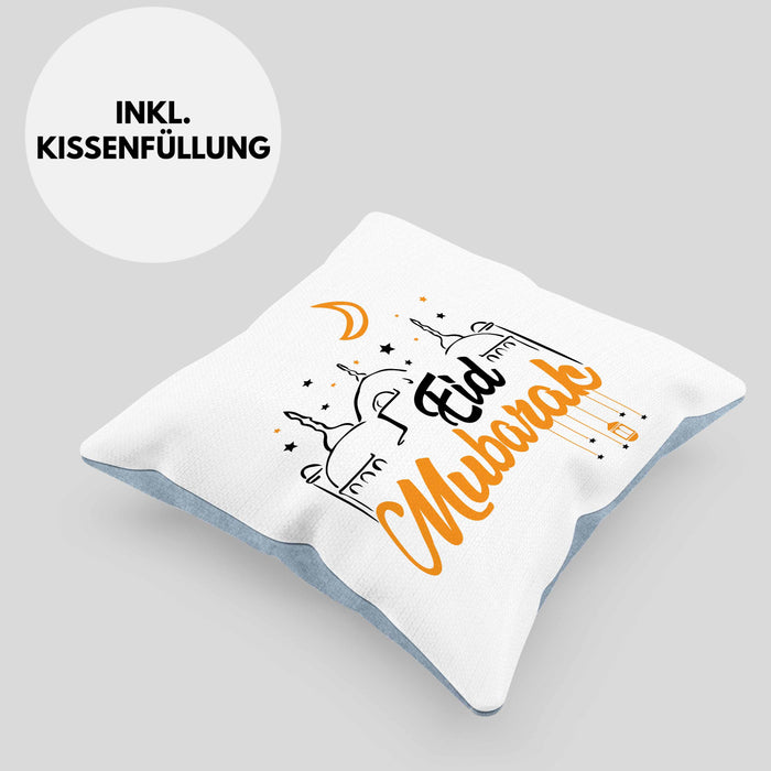 Eid Mubarak Kissen mit Füllung 40x40 Geschenk Muslime Geschenkidee Sprüche für Muslimische Menschen (Grau) Blau Trendation