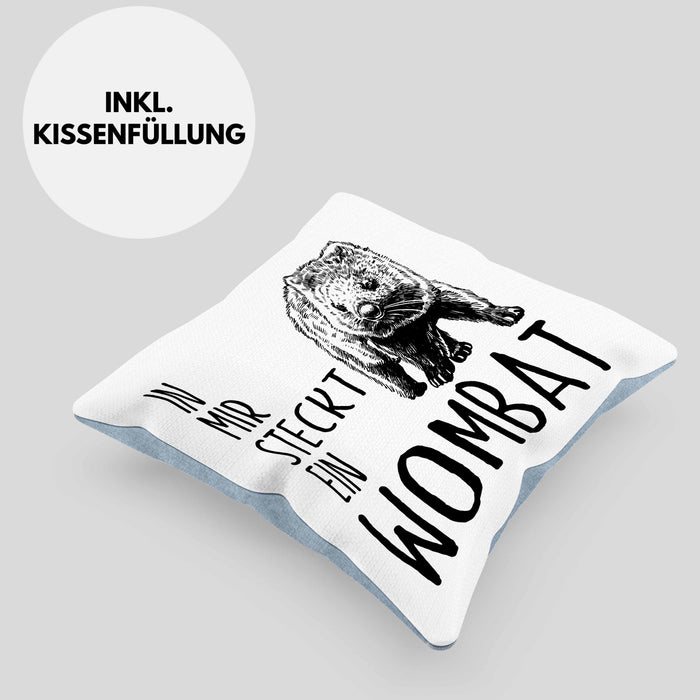 Wombat Kissen mit Füllung 40x40 Geschenk für Wombat Liebhaber In Mir Steckt Ein Wombat (Grau) Blau Trendation