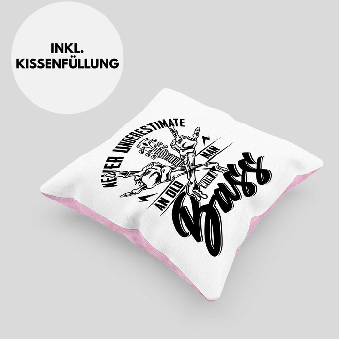Bassist Kissen mit Füllung 40x40 Geschenk Bass-Spieler Geschenkidee Never Underestimate An Old Man With A Bass (Grau) Rosa Trendation