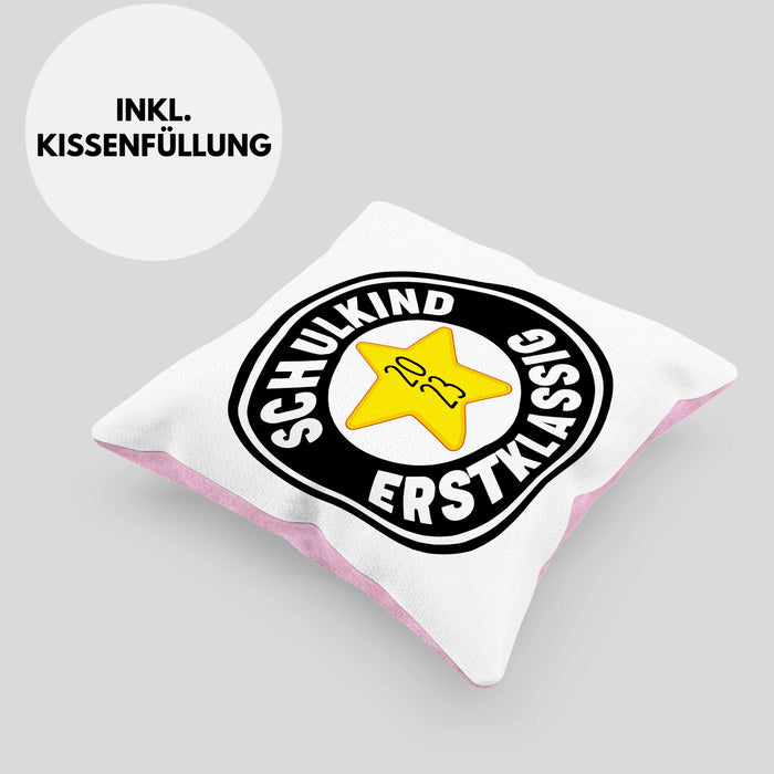 Schulkind Erstklassig Einschulung Junge Mädchen Geschenk Schultüte Füllung Kissen mit Füllung 40x40 Schulstart 1. Schultag Schuleinführung Schulanfang Geschenkidee Schulkind 2024 (Grau) Rosa Trendation
