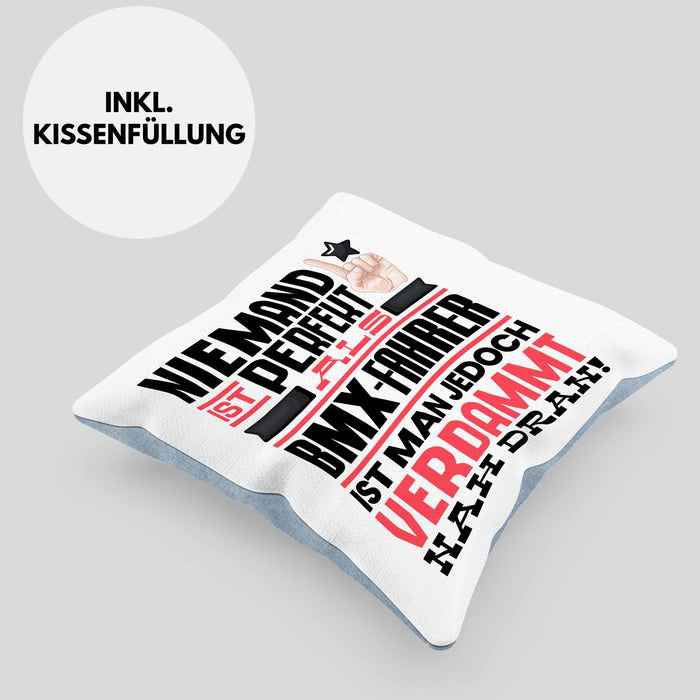 BMX-Fahrer Geschenk Kissen mit Füllung 40x40 Lustige Geschenkidee für BMX-Fahrer Geburtstag Niemand Ist Perfekt Aber Als BMX-Fahrer Ist Man Nah Dran (Grau) Blau Trendation