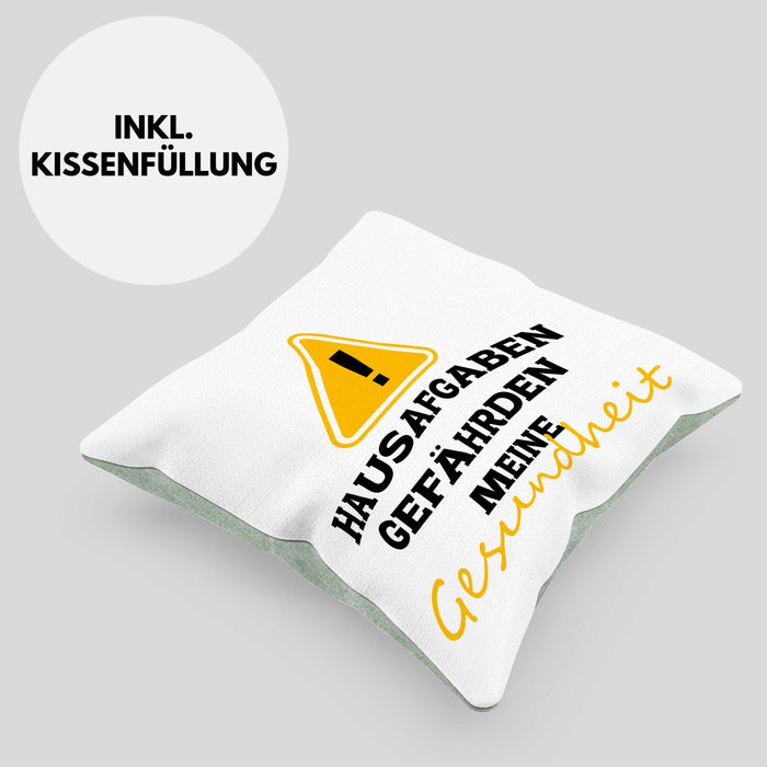 Lustige Kissen mit Füllung 40x40 "Hausaufgaben gefährden meine Gesundheit" Geschenk für Schüler (Grau) Grün Trendation