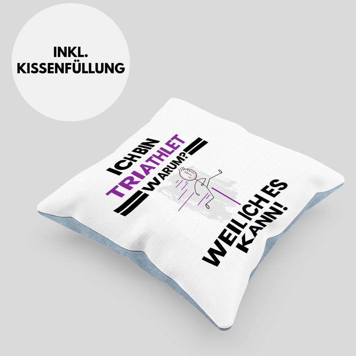 Triathlet Geschenk Kissen mit Füllung 40x40 Lustiger Spruch Ich Bin Triathlet Warum Weil Ich Es Kann Geschenkidee Bester Triathlet Geburtstag (Grau) Blau Trendation
