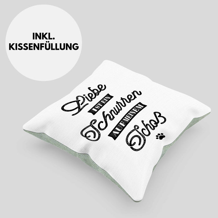 Katze Kissen mit Füllung 40x40 Geschenk Spruch Geschenkidee für Katzen-Mama Papa Katzenliebhaber Liebe Ist Ein Schnurren Auf Meinem Schoß (Grau) Grün Trendation