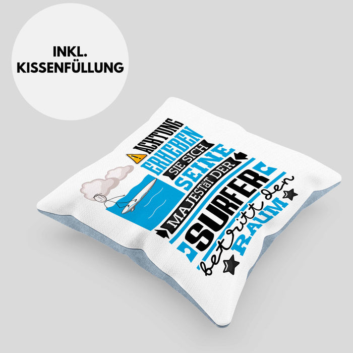 Surfer Geschenk Kissen mit Füllung 40x40 Lustiger Spruch Erheben Sie Sich Der Surfer Betritt den Raum (Grau) Blau Trendation