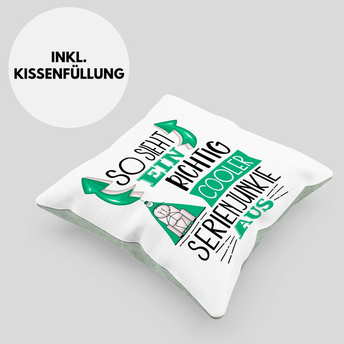 So Sieht Ein Richtig Cooler Serienjunkie Aus Geschenk Kissen mit Füllung 40x40 Lustiger Spruch Geschenkidee (Grau) Grün Trendation