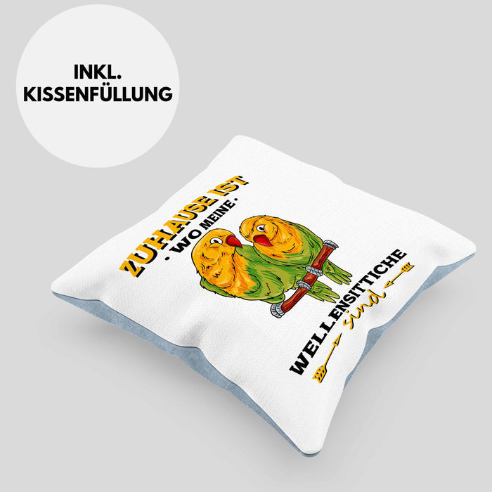 Lustige Kissen mit Füllung 40x40 für Wellensittich-Besitzer Zuhause Ist Wo Meine Wellensittiche Sind (Grau) Blau Trendation