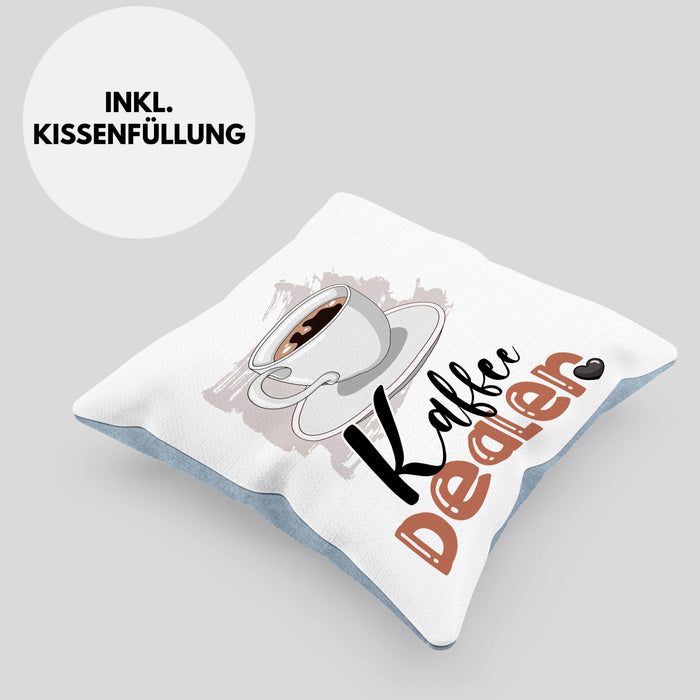Kaffee Dealer Kissen mit Füllung 40x40 Geschenk für Barista Geburtstag Spruch Geschenkidee Kaffeeverkäufer (Grau) Blau Trendation