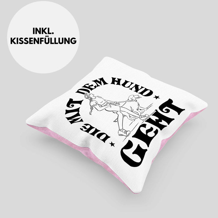 Die Mit Dem Hund Geht Kissen mit Füllung 40x40 Geschenk für Frauchen Hundebesitzerin Geschenkidee (Grau) Rosa Trendation