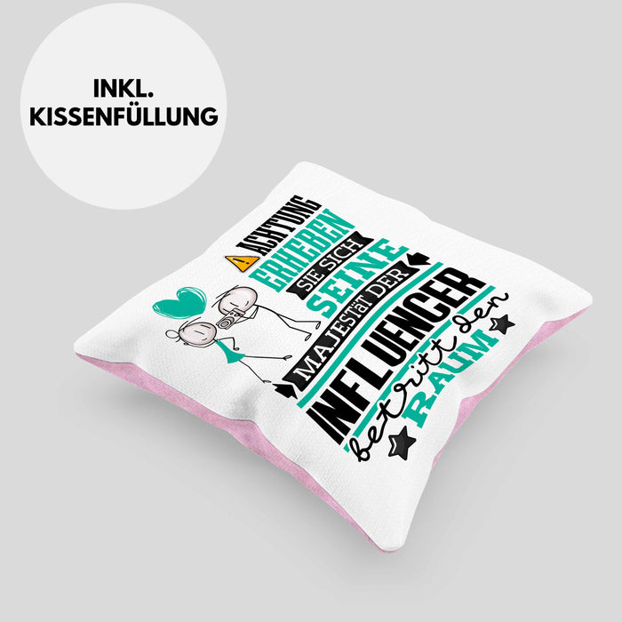 Influencer Geschenk Kissen mit Füllung 40x40 Lustiger Spruch Erheben Sie Sich Der Influencer Betritt den Raum (Grau) Rosa Trendation