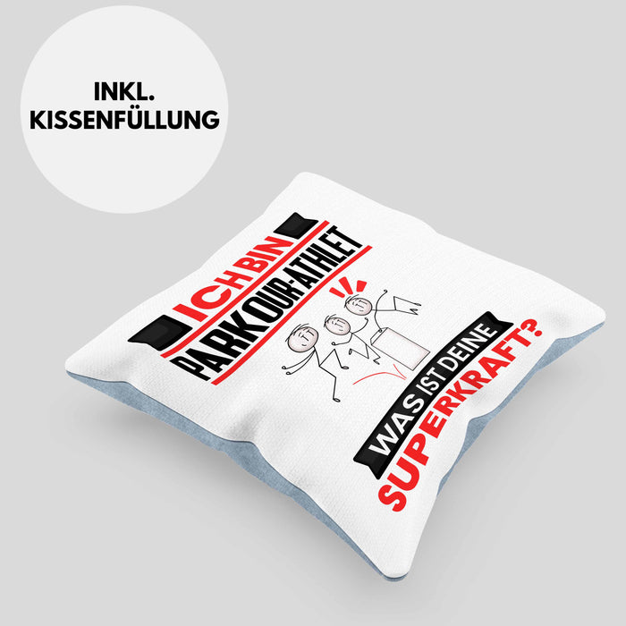 Parkour-Athlet Kissen mit Füllung 40x40 Geschenk für Parkour-Athlet Geburtstag Lustiger Spruch Was Ist Deine Superkraft (Grau) Blau Trendation