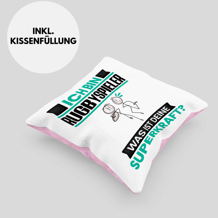 Rugbyspieler Kissen mit Füllung 40x40 Geschenk für Rugbyspieler Geburtstag Lustiger Spruch Was Ist Deine Superkraft (Grau) Rosa Trendation