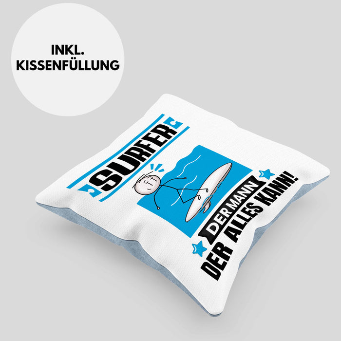 Surfer Kissen mit Füllung 40x40 Geschenk für Surfer Der Mann Der Alles Kann Geschenkidee zum Geburtstag (Grau) Blau Trendation