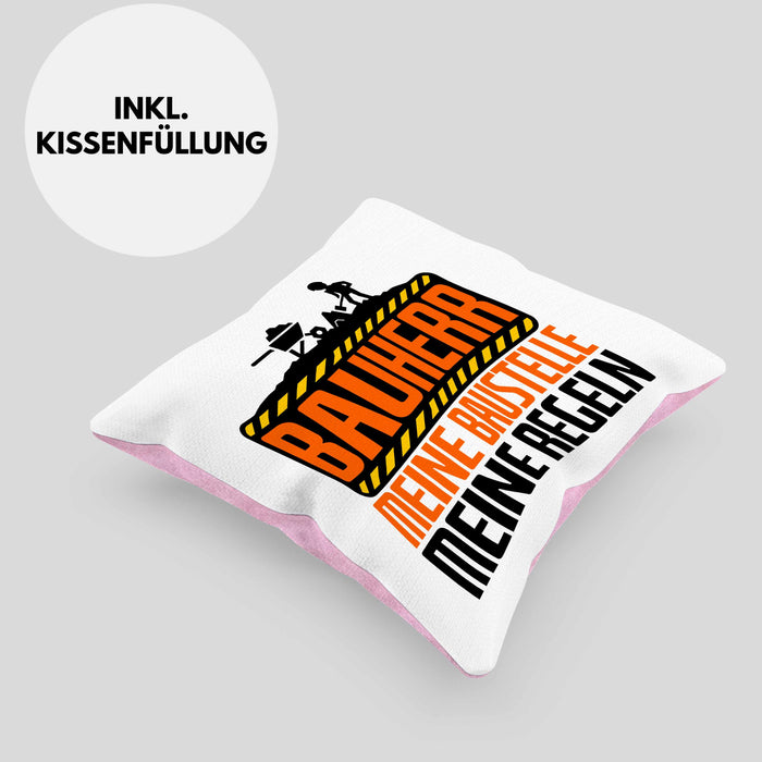 Bauherr Kissen mit Füllung 40x40 "Meine Baustelle, Meine Regeln" Lustiges Geschenk für Bauherren (Grau) Rosa Trendation